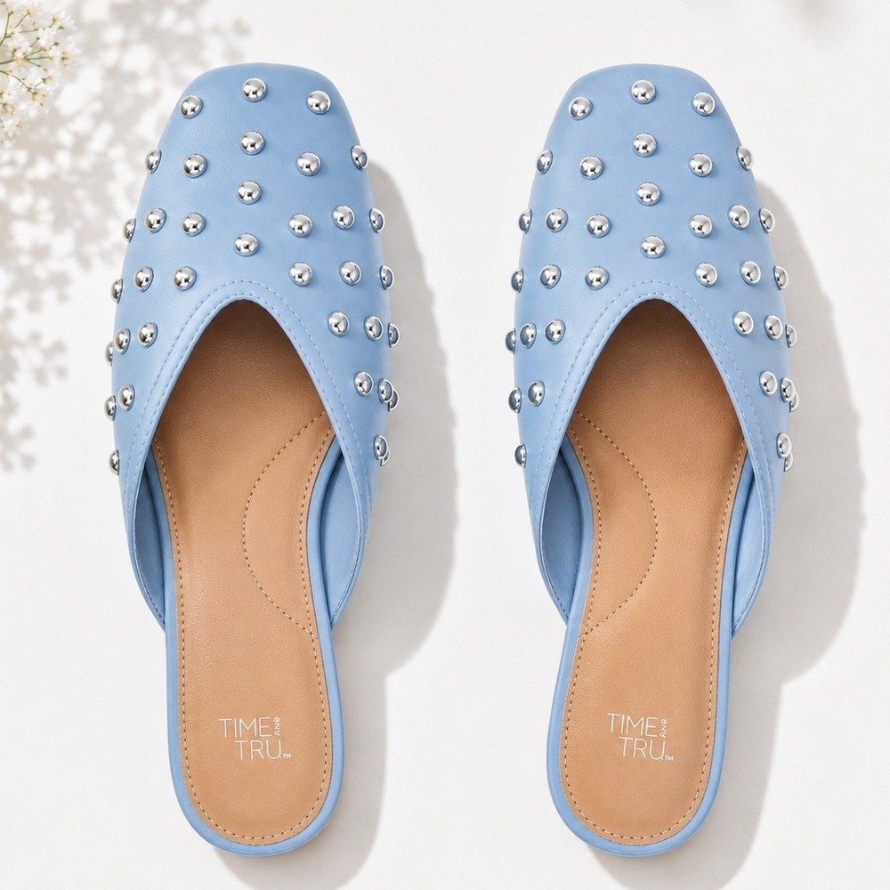 Blue Embellished Mule Flats Silver Dome Accents Size 6 New NWT